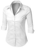 Womens Roll Up 3/4 Sleeve Button Down Shirt with Stretch