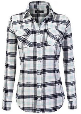 Women's Cotton Roll Up Sleeve Plaid Flannel Button Down Shirt