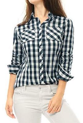 Women Casual Long Plaid Cotton Shirt Blouse Detailed