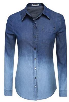 Women's Denim Gradual Jeans Single-Breasted Long Sleeve Shirt Blouse